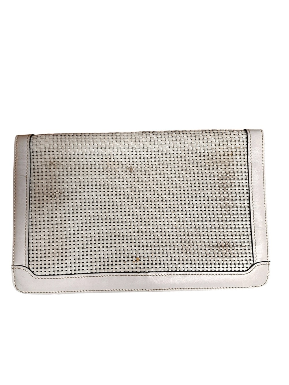 Vintage Anne Klein White Basket Weave Leather Distressed Envelope Clutch